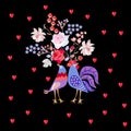 Funny chickens - romantic couple of rooster and hen with bouquets of flowers isolated on black background with red hearts Royalty Free Stock Photo