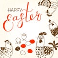 Funny chickens and rooster, eggs. Greeting card with Happy Easter writing. Vector illustration Royalty Free Stock Photo