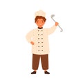 Funny chief cook little boy holding ladle vector flat illustration. Cute cookery child standing in white uniform and cap