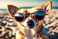 Funny chihuahua dog posing on a beach in sunglasses Generated AI