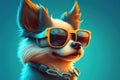 Funny chihuahua dog in sunglasses on blue background