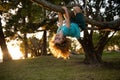 Funny child climbing a tree in the garden. Active kid playing outdoors. Portrait of cute kid boy sitting on the branch Royalty Free Stock Photo