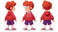 Funny child with ginger hair, blue eyes, and freckles on his face with a red hoodie, purple shorts, white socks, and