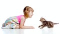 Funny child playing with Scottish kitten Royalty Free Stock Photo