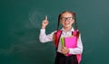 Funny child schoolgirl girl student with book about school blackboard