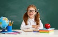 Funny child   schoolgirl  girl student near school blackboard Royalty Free Stock Photo