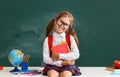 Funny child   schoolgirl  girl student about school blackboard Royalty Free Stock Photo