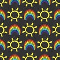 Funny child seamless pattern with rainbows and suns. Drawn by hand.