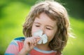 Funny child smelling plumeria flower, face close up. Kids in summer nature park, portrait.