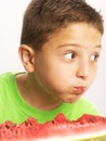 Funny child watermelon. Royalty Free Stock Photo