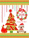 Funny childish applique for 2018 New year with Xmas tree, Christmas wreath and funny sitting puppy