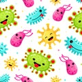 Funny childish cartoon bacteria seamless pattern vector illustration. Cute smiling gems microbes Royalty Free Stock Photo