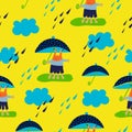 Funny childish monster seamless with umbrellas, rain, clouds for children cartoon illustration and kids deseign.Vector