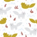 Funny childish ornament with snow foxes. Cute hand-drawn cartoon animals. Perfect for textile. Vector seamless pattern.