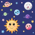 Funny childish planets in row vector flat illustration Royalty Free Stock Photo