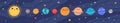 Funny childish planets in row vector flat illustration. Cute celestial bodies with smiling faces in sequence at outer