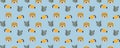 Funny childish seamless pattern of baby rhinos, leopards, and rainbow toucans cheerful cartoon heads on a blue background.