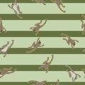 Funny childish seamless pattern with grey amphibian frog shapes. Green striped background. Simple design