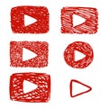 Funny childish video button, red play button like youtube or videoplayer, vector icon in hand-drawn style