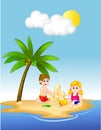 Funny children cartoon play sand on the island