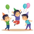 Funny children celebrate happy holiday with balloons, isolated object on white background, vector illustration, Royalty Free Stock Photo