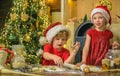 Funny children chefs in santa hats prepare holiday food. Two chldren in santa hats and aprons preparing christmas Royalty Free Stock Photo