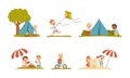 Funny Children Enjoying Summer Building Sand Castle, Flying Kite and Having Picnic Vector Set Royalty Free Stock Photo