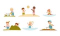 Funny Children Enjoying Summer Swimming in Water, Playing Ball on Sand Beach and Gardening Vector Set Royalty Free Stock Photo