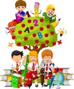 Funny children with green apple tree full of red apples Royalty Free Stock Photo