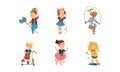 Funny Children Jumping Rope, Listening to Music and Riding Scooter Vector Set Royalty Free Stock Photo