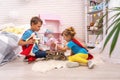 Funny children play with toys in the superheroes, in the children`s room Royalty Free Stock Photo