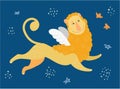 Funny children poster in vector. A cute lion flies through a blue sky among stars and birds with a smile. Fantasies for