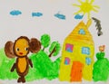 Funny children's drawing of a house in nature Royalty Free Stock Photo