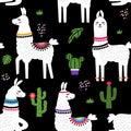 Funny children`s textile pattern for printing fabrics. Seamless pattern with llama alpaca, cactus in cartoon style. flat vector Royalty Free Stock Photo