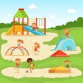 Funny children at summer playground. Kids playing in park. Vector illustration