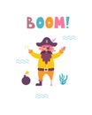 Funny childrens pirate print. Captain with bomb and hand lettered Boom in flat hand drawn style. Design for the design