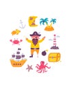 Funny childrens pirate print. Captain with sea inhabitants, ship, map in flat hand drawn style. Design for the design of