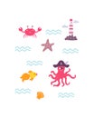 Funny childrens pirate print. Octopus with crab, fish and lighthouse in the sea in flat hand drawn style. Design for the