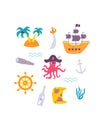 Funny childrens pirate print. Octopus, ship, map in flat hand drawn style. Design for the design of postcards, posters