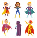 Funny childrens. Superheroes boys and girls in action poses. Cartoon characters set isolate on white Royalty Free Stock Photo