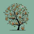 Funny Chimpank family with nuts on Tree. Ground Squirrel. Art Concept for your design Royalty Free Stock Photo