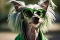 Funny Chinese Crested in green sunglasses