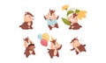 Funny Chipmunk Carrying Acorn and Sitting Under Flower Vector Set