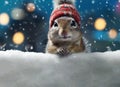 Funny chipmunk wearing knitted beanie leaning on snow as a blank banner.
