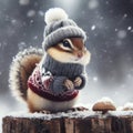 Funny chipmunk wearing knitted sweater and beanie outdoors, with snowflakes falling all arounds. ai generative