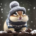 Funny chipmunk wearing knitted sweater and beanie outdoors, with snowflakes falling all arounds. ai generative