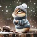 Funny chipmunk wearing knitted sweater and beanie outdoors, with snowflakes falling all arounds. ai generative