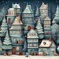 Christmas time wallpaper in cartoon naif style with festive house,presents and fir trees