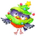 Funny Christmas bird. watercolor illustration