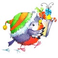 Funny Christmas bird. watercolor illustration